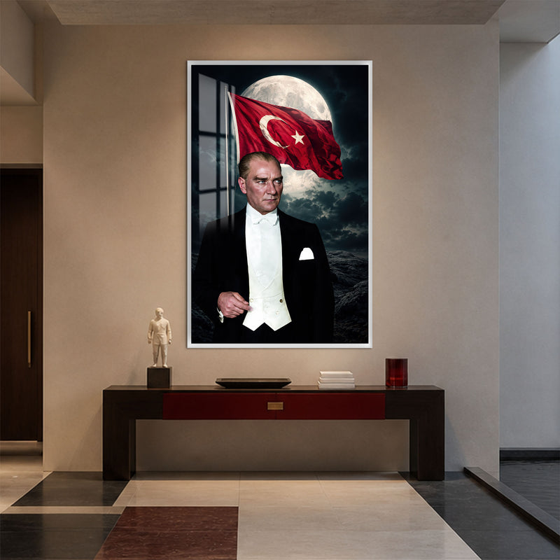 Ay Işığında Atatürk Cam Tablo – Beyaz Çerçeveli