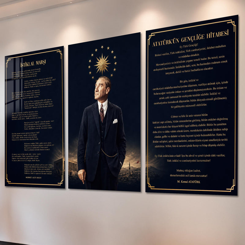 Atatürk Köşesi Üçlü Cam Tablo Seti — Yıldız Hâleli Lacivert