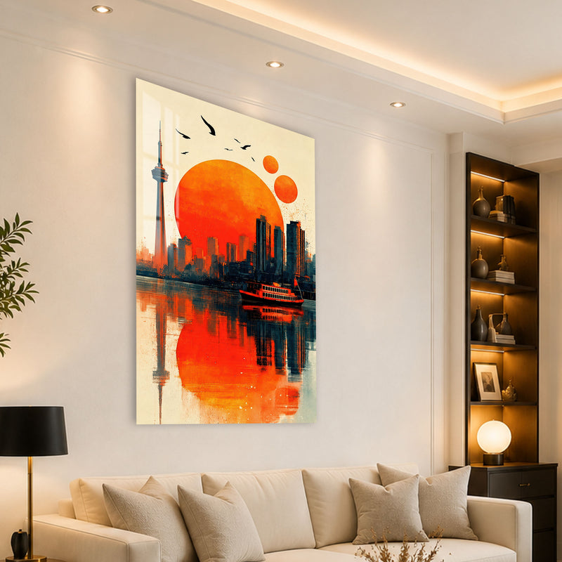 Kızıl Güneşte Şehir Silueti Cam Tablo – Cam Tablo