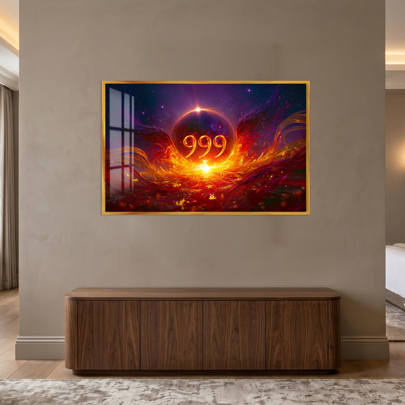 Kozmik Doğuşta 999 Cam Tablo – Altın Çerçeveli Cam Tablo