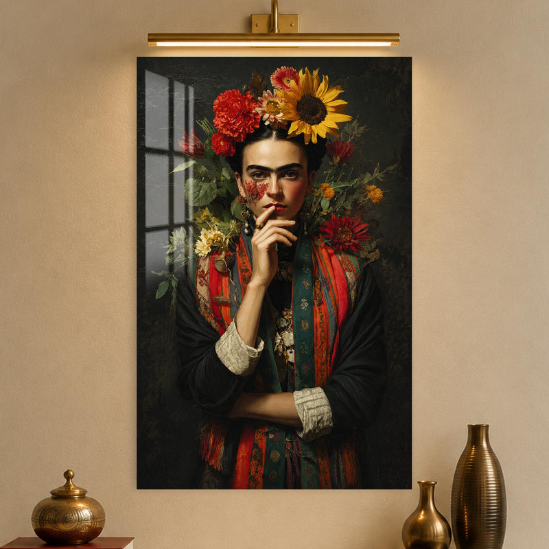 Ayçiçekleriyle Frida Kahlo Portresi Cam Tablo – Cam Tablo