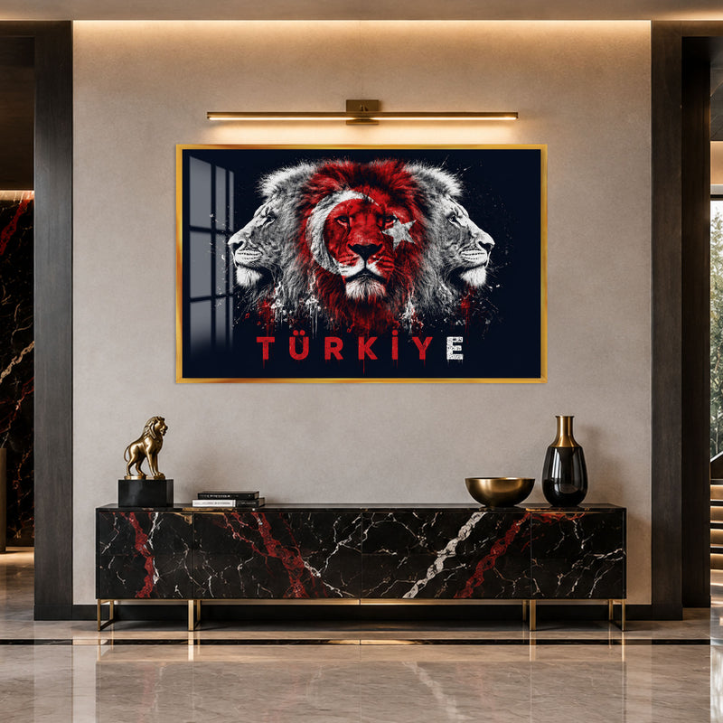 Üç Aslan Türkiye Bayrağı Cam Tablo – Altın Çerçeveli Cam Tablo