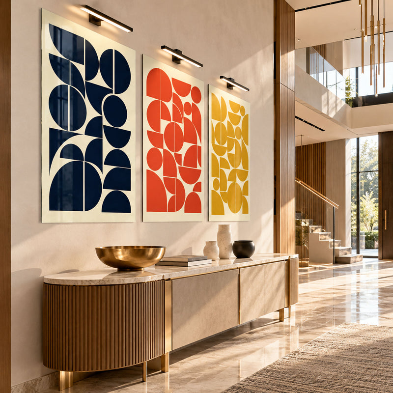 Lacivert Kırmızı Sarı Bauhaus Üçlü Cam Tablo