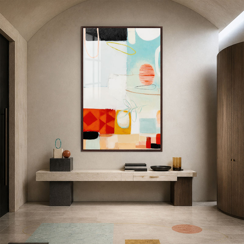 Pastel Soyut Kolaj Cam Tablo – Ceviz Çerçeveli Cam Tablo