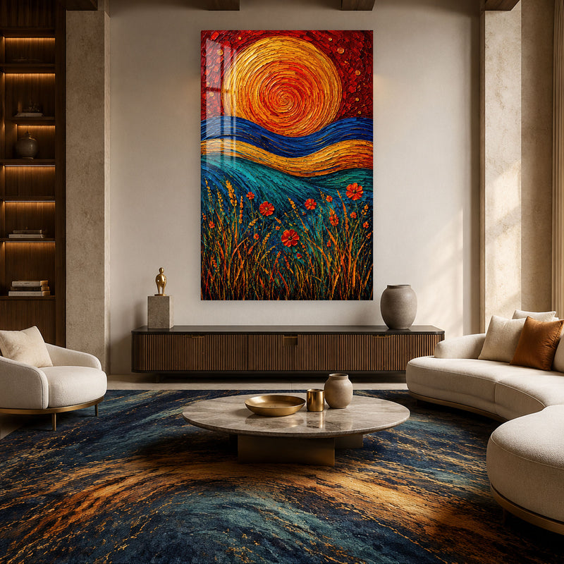 Spiral Güneş ve Kırmızı Çiçekler Cam Tablo – Cam Tablo