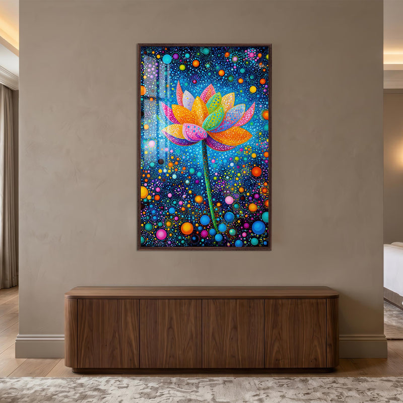 Noktalı Lotus Çiçeği Cam Tablo – Ceviz Çerçeveli Cam Tablo