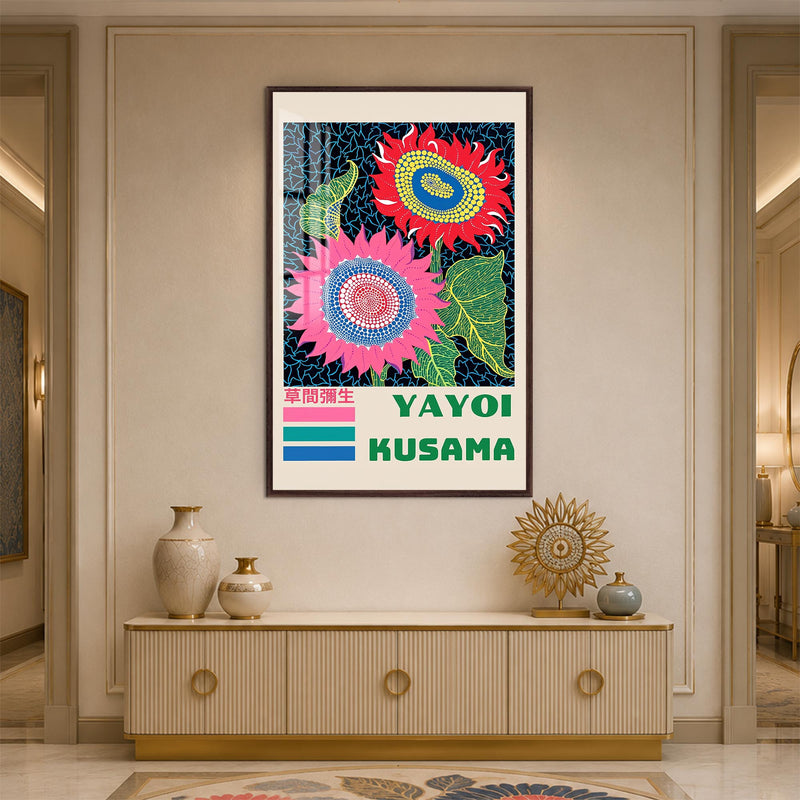 Pembe Kırmızı Benekli Ayçiçekleri Cam Tablo – Ceviz Çerçeveli Cam Tablo