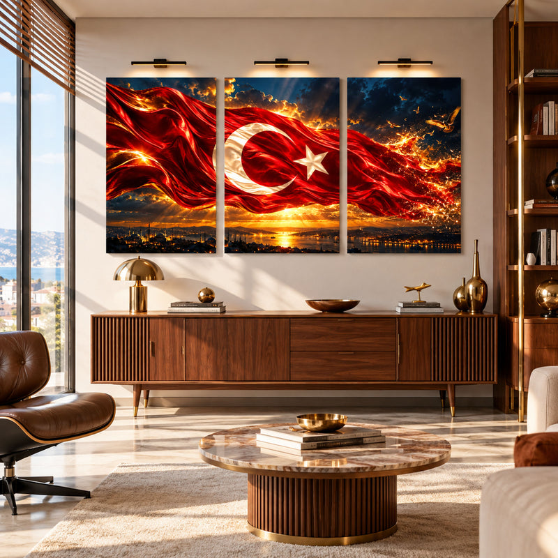 Alevli Türk Bayrağı Gün Batımı Üçlü Cam Tablo