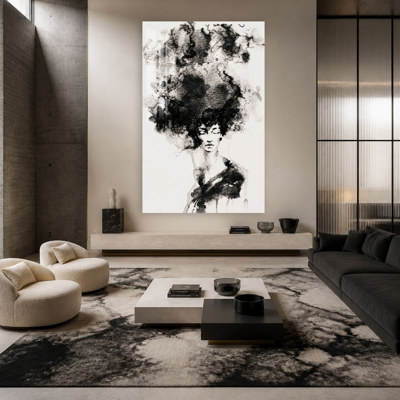 Mürekkep Saçlı Kadın Silüeti Cam Tablo – Cam Tablo