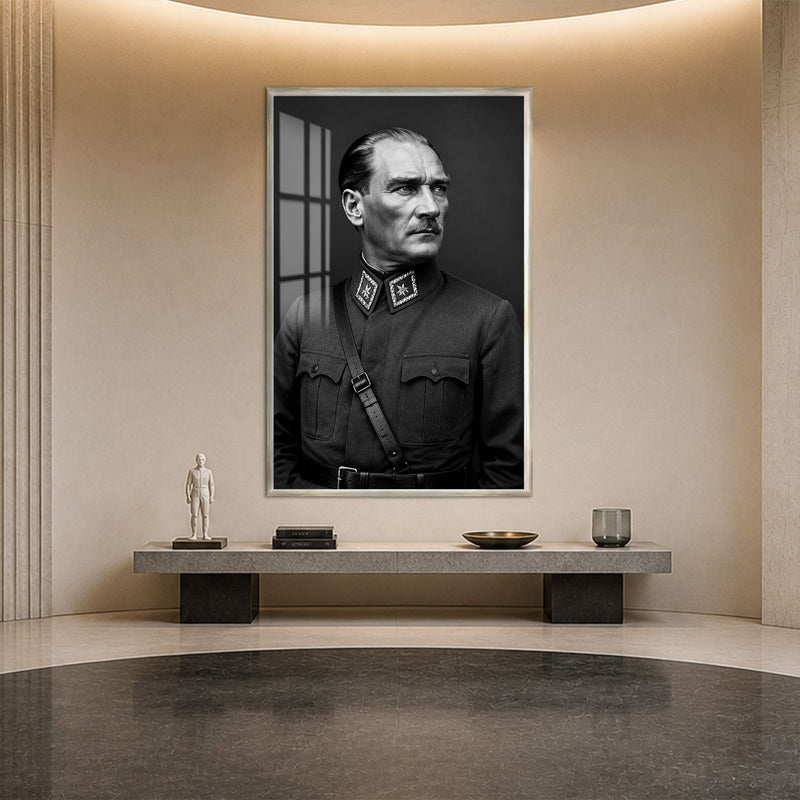 Üniformalı Atatürk Cam Tablo – Gümüş Çerçeveli
