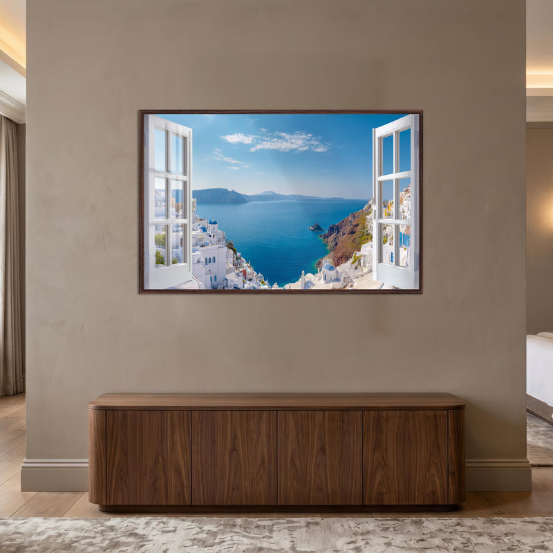 Santorini Mavi Kubbeler Cam Tablo – Ceviz Çerçeveli Cam Tablo