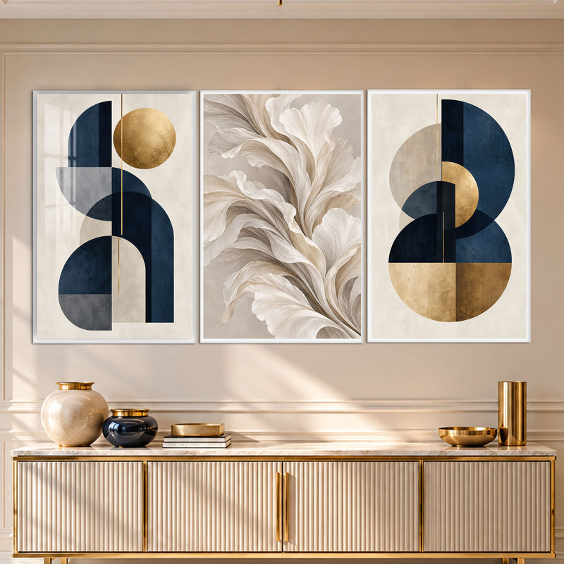 Lacivert Altın Mid-Century Tüy Üçlü Cam Tablo – Beyaz Çerçeveli