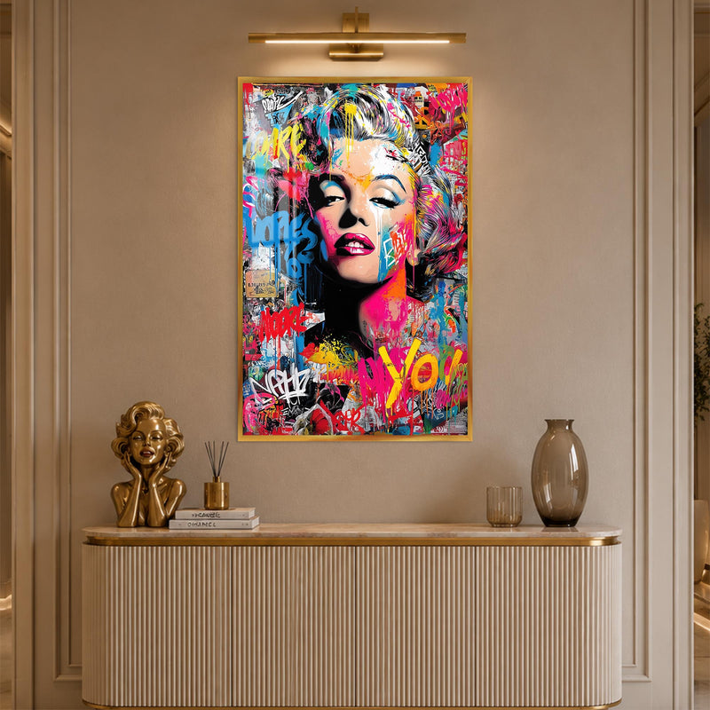 Renkli Graffiti Pop Art Portre Cam Tablo – Altın Çerçeveli Cam Tablo