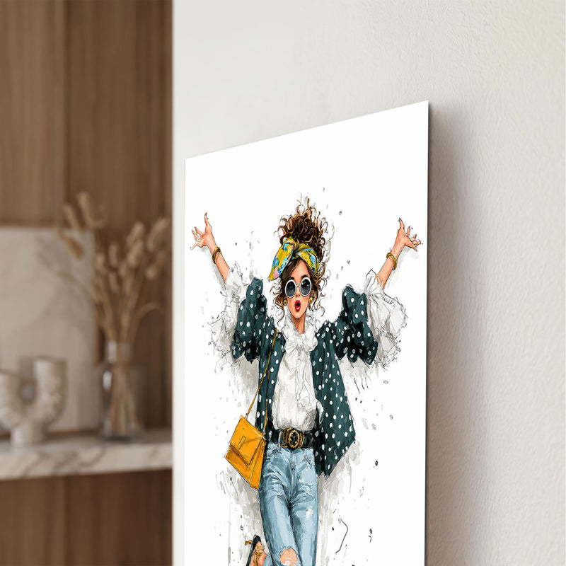 Puantiyeli Ceketli Neşeli Moda Kadını Cam Tablo – Cam Tablo