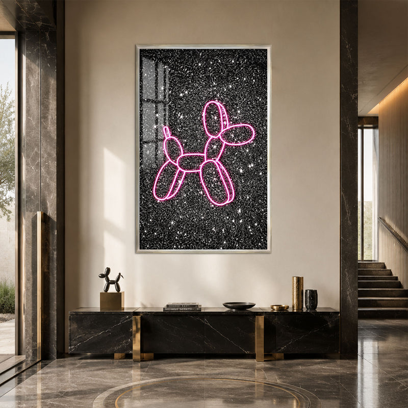 Neon Pembe Balon Köpek Cam Tablo – Gümüş Çerçeveli Cam Tablo