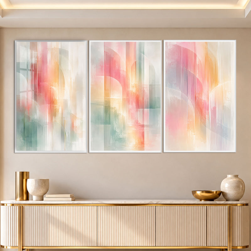 Pastel Akuarel Kemer Üçlü Cam Tablo – Beyaz Çerçeveli