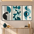 Turkuaz Siyah Mid-Century Geometrik Üçlü Cam Tablo – Siyah Çerçeveli