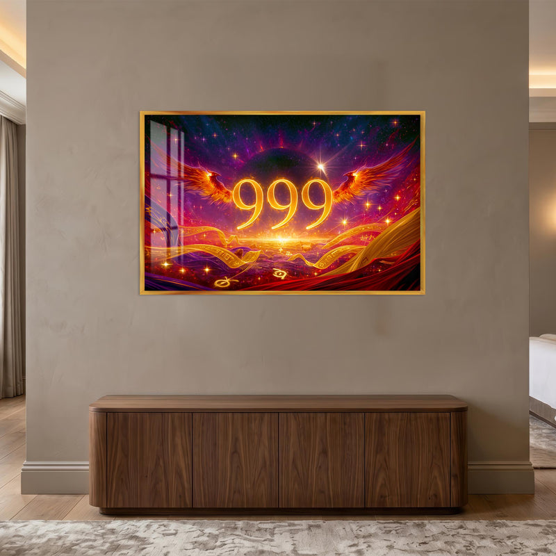 Yıldızlı Ufukta 999 Cam Tablo – Altın Çerçeveli Cam Tablo