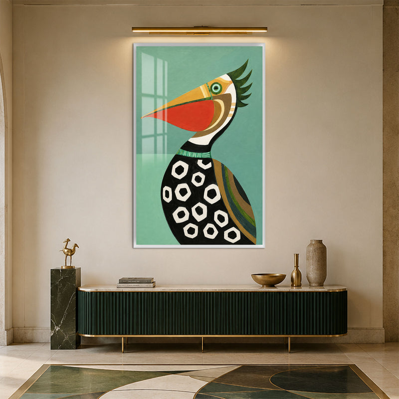 Yeşil Zeminde Pelikan Cam Tablo – Beyaz Çerçeveli Cam Tablo