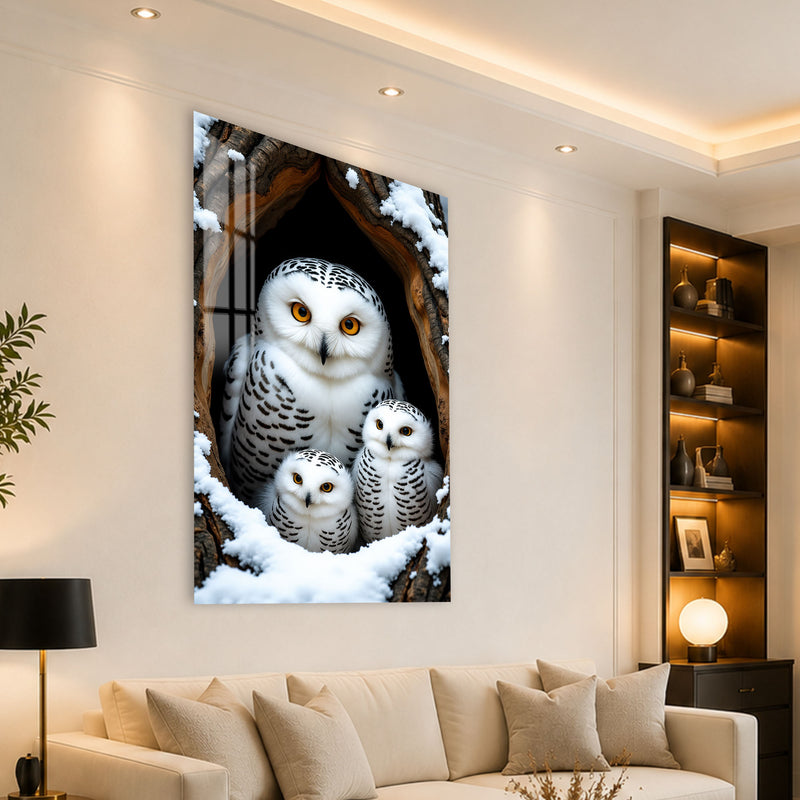Karlı Ağaç Oyuğunda Baykuşlar Cam Tablo – Cam Tablo