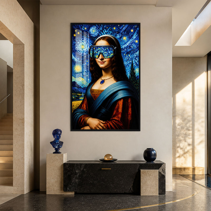 Yıldızlı Gece Mona Lisa Cam Tablo – Siyah Çerçeveli Cam Tablo