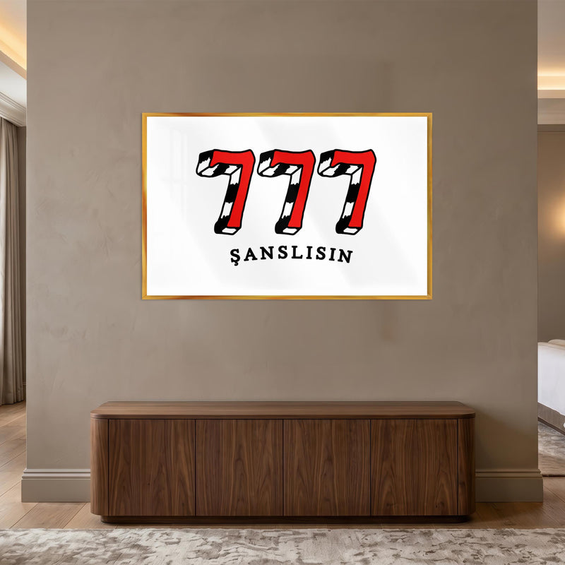 Retro 777 Şans Afişi Cam Tablo – Altın Çerçeveli Cam Tablo