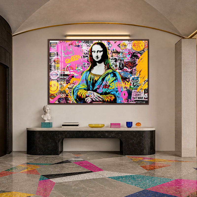 Pop Art Mona Lisa Grafiti Cam Tablo – Ceviz Çerçeveli Cam Tablo