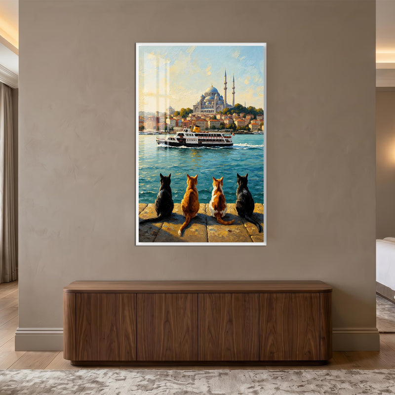 İstanbul Boğazı Kedi Manzarası Cam Tablo – Beyaz Cerceveli Cam Tablo