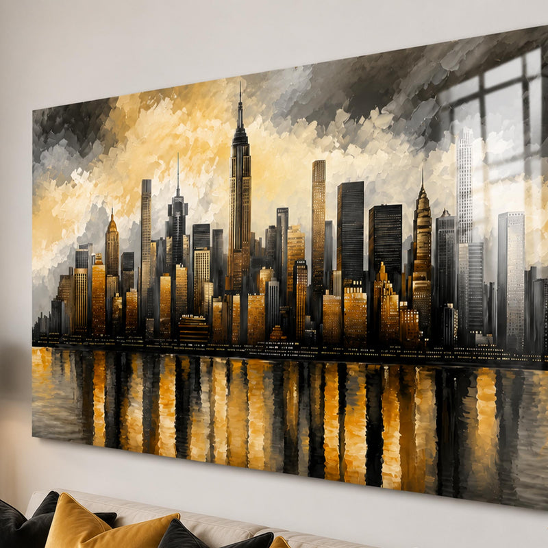 New York Gece Empire State Altın Cam Tablo – Cam Tablo
