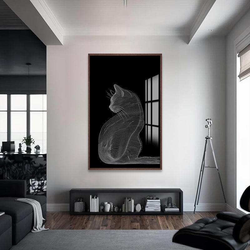 Çizgisel Kedi Cam Tablo – Ceviz Çerçeveli Cam Tablo