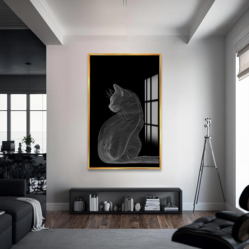 Çizgisel Kedi Cam Tablo – Altın Çerçeveli Cam Tablo