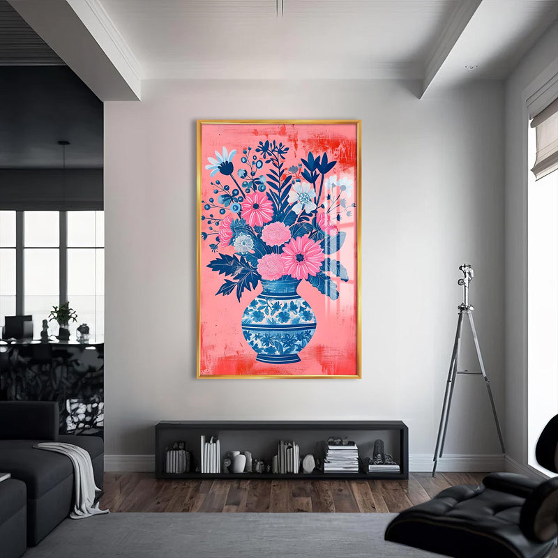 Pembe Zarafet Cam Tablo – Altın Çerçeveli Cam Tablo