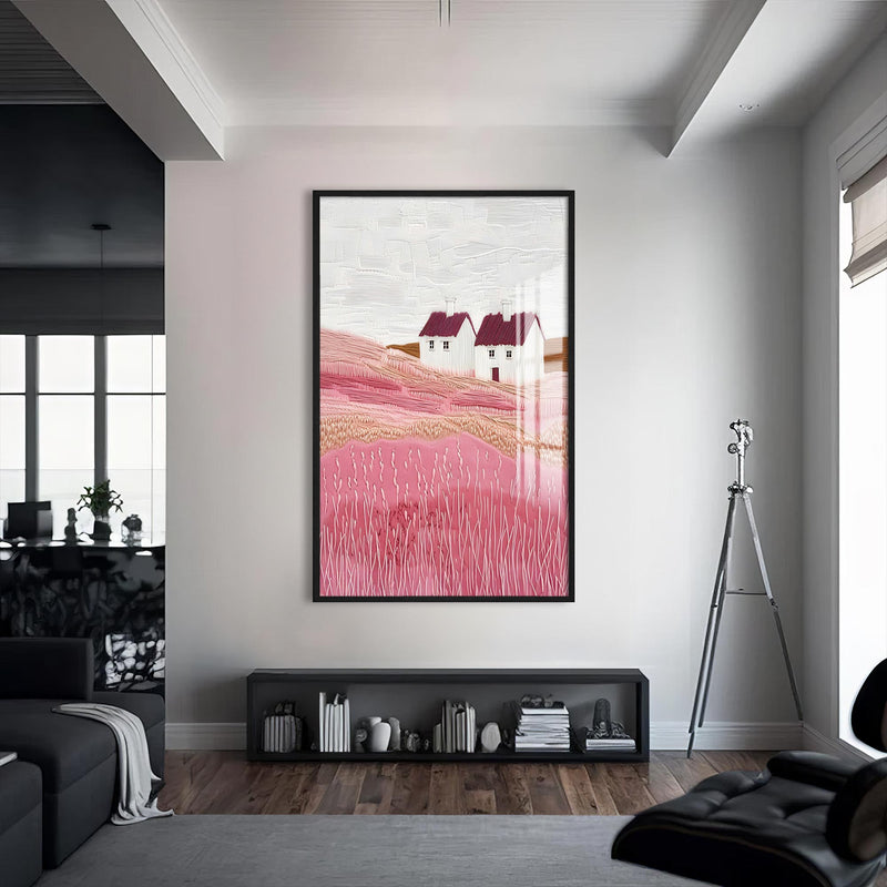 Pembe Tepeler Cam Tablo – Siyah Çerçeveli Cam Tablo