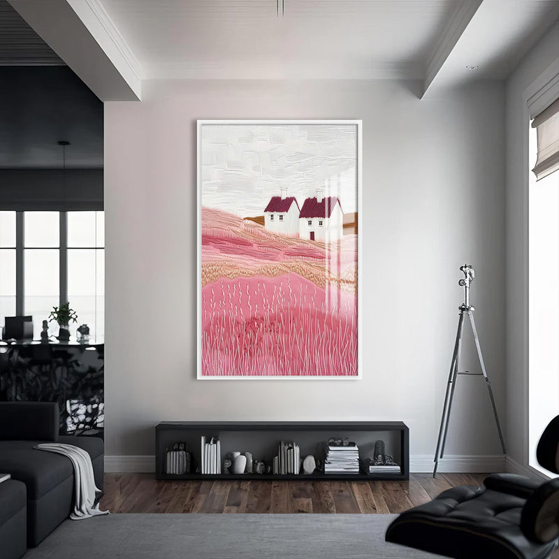 Pembe Tepeler Cam Tablo – Beyaz Çerçeveli Cam Tablo