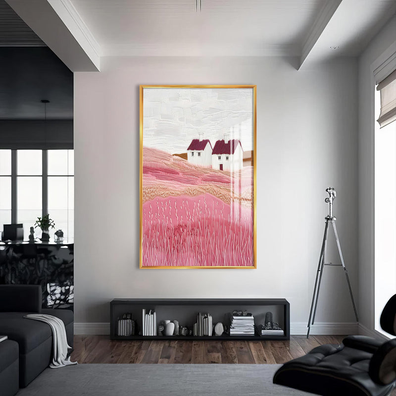 Pembe Tepeler Cam Tablo – Altın Çerçeveli Cam Tablo