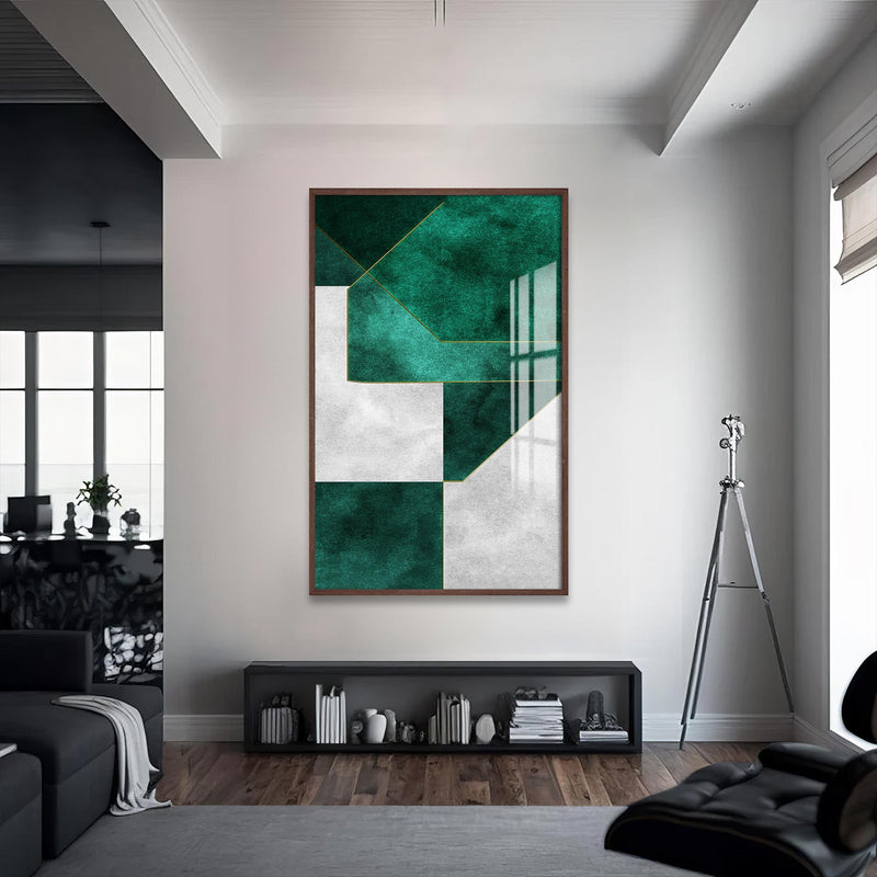 Yeşilin Geometrisi Cam Tablo – Ceviz Çerçeveli Cam Tablo