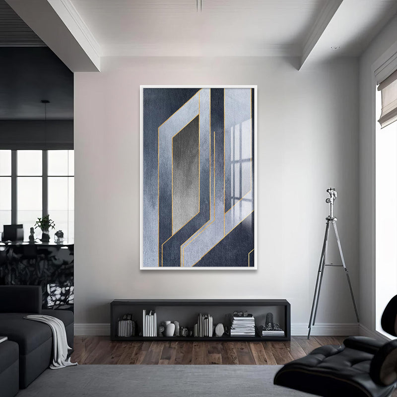 Geometrik Gri Cam Tablo – Beyaz Çerçeveli Cam Tablo