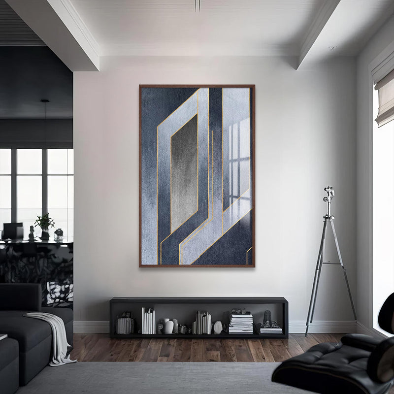Geometrik Gri Cam Tablo – Ceviz Çerçeveli Cam Tablo