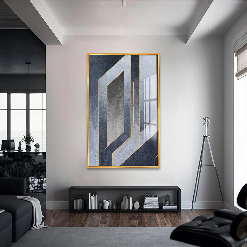 Geometrik Gri Cam Tablo – Altın Çerçeveli Cam Tablo