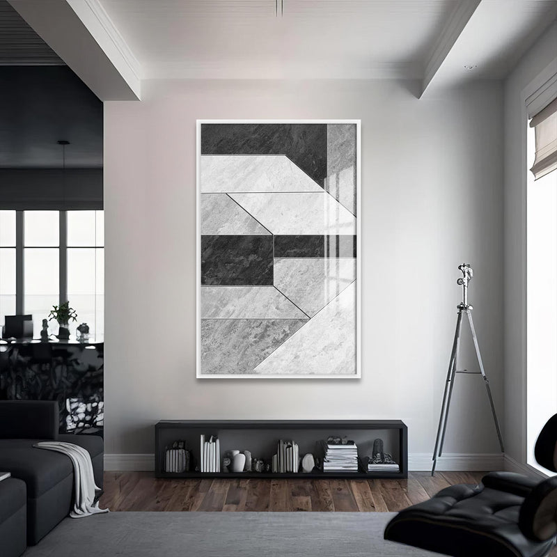 Geometrik Gri2 Cam Tablo – Beyaz Çerçeveli Cam Tablo