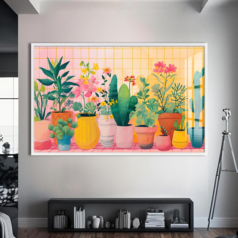 Çiçekli Balkon Cam Tablo – Beyaz Çerçeveli Cam Tablo