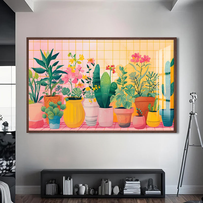 Çiçekli Balkon Cam Tablo – Ceviz Çerçeveli Cam Tablo