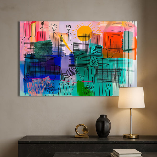 Çizgilerin Renkleri Cam Tablo