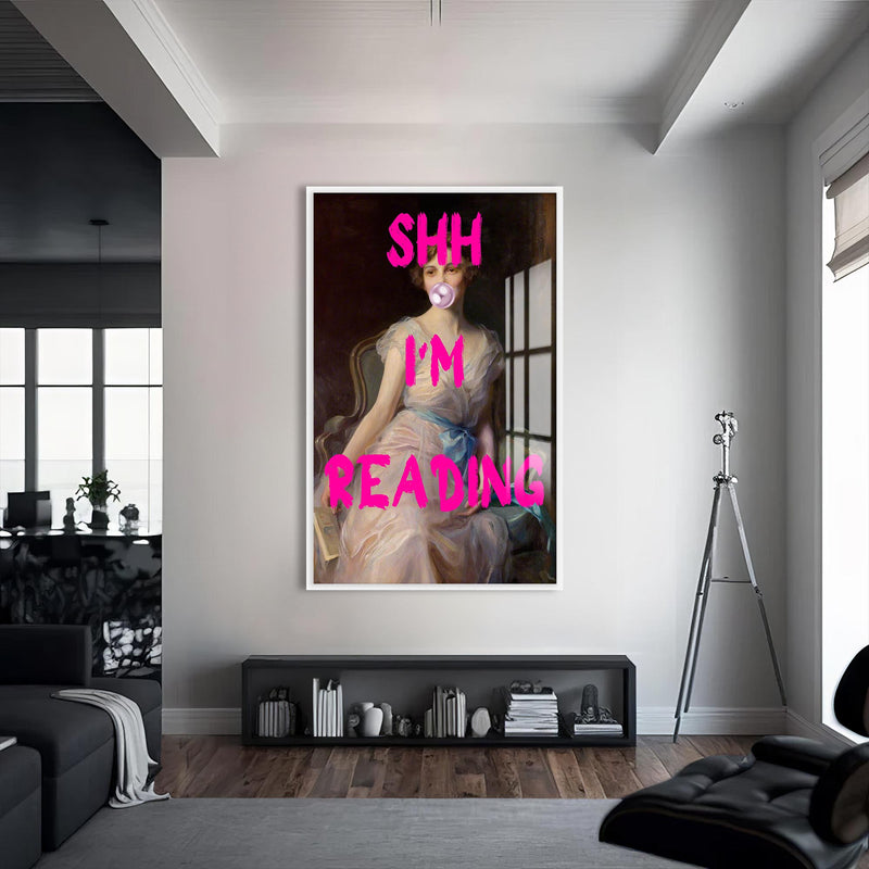 Shh I’m Reading Cam tablo – Beyaz Çerçeveli Cam Tablo