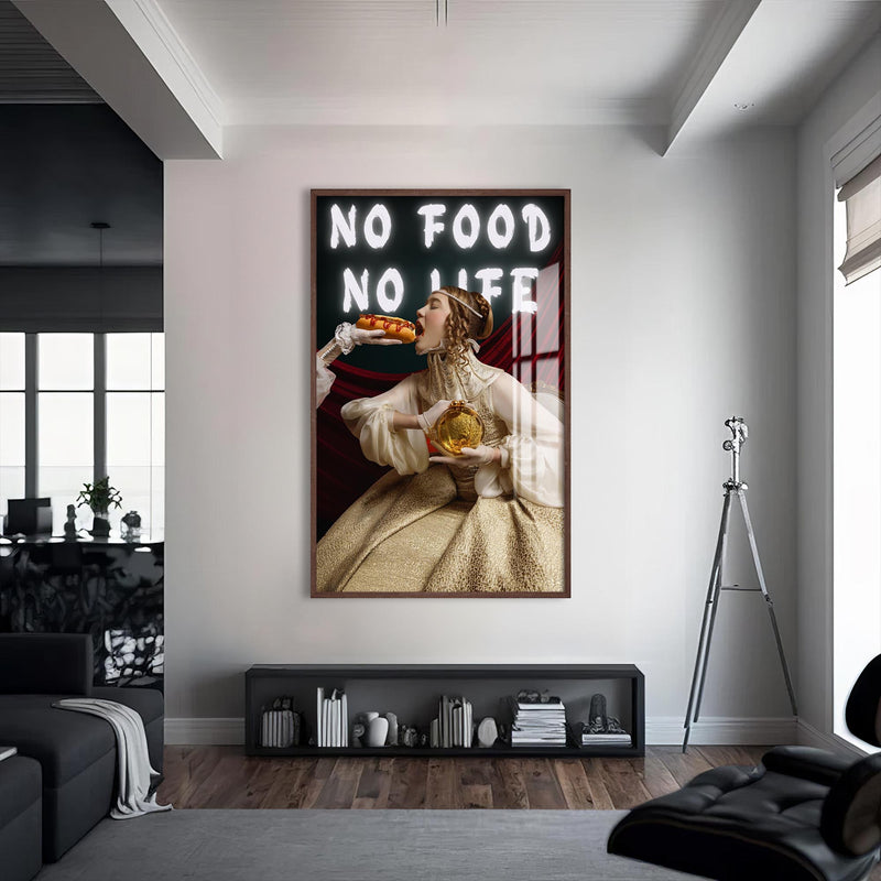 No Food No Life Cam tablo – Ceviz Çerçeveli Cam Tablo