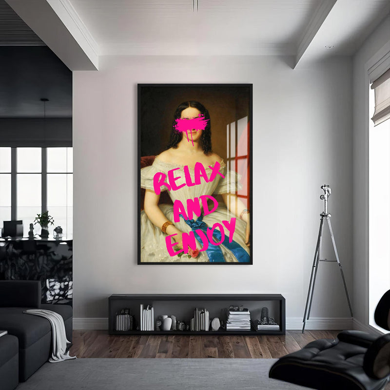 Relax and Enjoy Cam tablo – Siyah Çerçeveli Cam Tablo