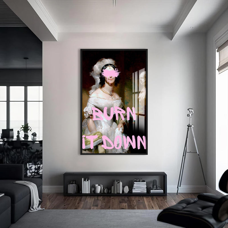 BURN IT DOWN Cam tablo – Siyah Çerçeveli Cam Tablo