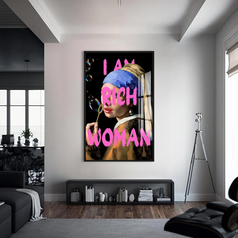 I Am Rich Woman Cam tablo – Siyah Çerçeveli Cam Tablo