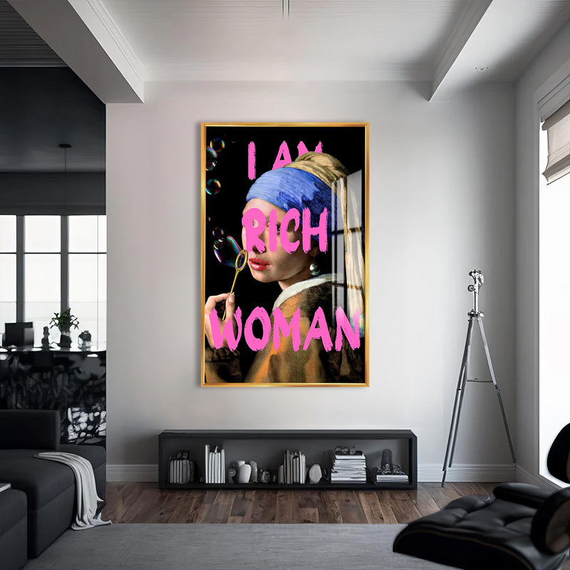 I Am Rich Woman Cam tablo – Altın Çerçeveli Cam Tablo