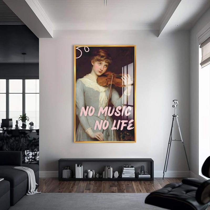 No Music No Life Cam Tablo – Altın Çerçeveli Cam Tablo
